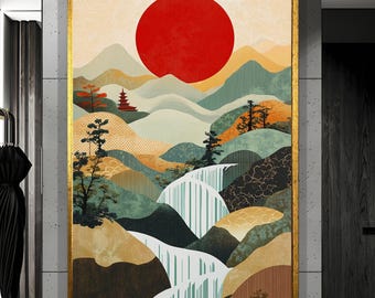 Japanese Landscape Canvas Print, Red Sun Zen Mountain Art