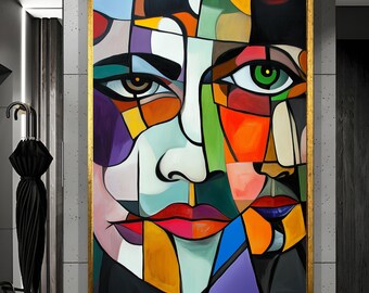 Cubist Face Portrait : Abstract Modern Cubism, Large Framed Canvas