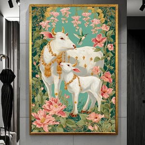 Puede incluir: Una impresi&oacute;n art&iacute;stica enmarcada que presenta una vaca y un ternero blancos adornados con joyas de oro, sobre un fondo turquesa con flores rosas y follaje verde. Un colibr&iacute; tambi&eacute;n est&aacute; presente. La obra de arte est&aacute; encerrada en un marco dorado.
