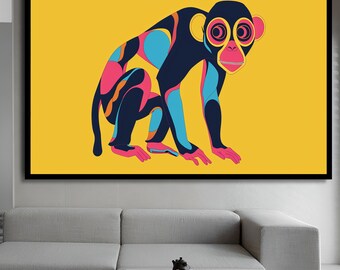 Abstract Monkey Canvas Print, Colorful Animal Nursery Wall Art