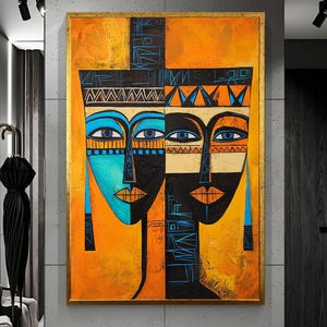 African Abstract Face Wall Art - Modern Tribal Canvas Painting - Bold Colorful Ethnic Home Decor - Afrocentric Art Print for Living Room