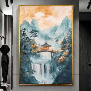 Japandi Wall Art :  Japanese Mountain Landscape Canvas, Zen Waterfall Painting, Asian Home Decor Wall Art