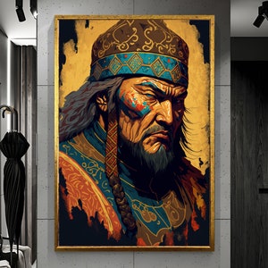 Genghis Khan Wall Art, Mongolian King Wall Decor, Monarch Wall Art, Genghis Khan Portrait, Historical Wall Art, Motivational Wall Decor, Art