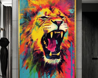 Lion Wall Art, Lion Painting Wildlife Art Ready To Hang Large Artwork Farmhouse Gift Livingroom Decor Office Design Modern Unique