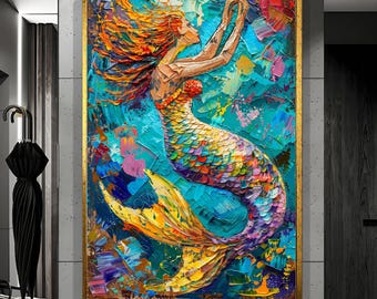 Framed Mermaid Oil Painting on Canvas: Luxury Wall Decor