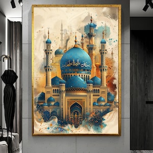 May include: A framed watercolor painting of a mosque with blue domes and minarets. The artwork features gold accents and Arabic calligraphy on the central dome. The background has a watercolor wash of beige and orange.