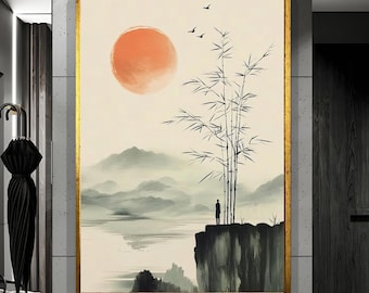 Japandi ingelijste muurkunst: minimale Japanse landschapsprint, zenbamboekunstwerk