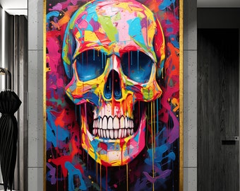 Cuadro de calavera con grafiti en lienzo, arte de pared estilo Banksy, listo para colgar. Decoración de oficina.