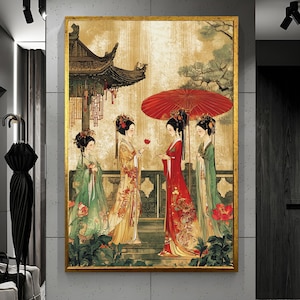 Asian Traditional Art Wall Decor : Chinese Elegant Women Painting, Framed Oriental Canvas, Vintage Home Interior Design