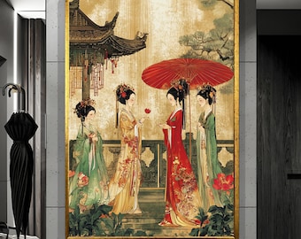 Chinese Women Art Canvas: Framed Vintage Oriental Painting