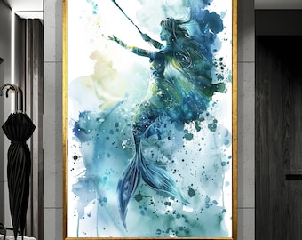 Watercolor Mermaid Canvas: Ethereal Sea Goddess Ocean Art