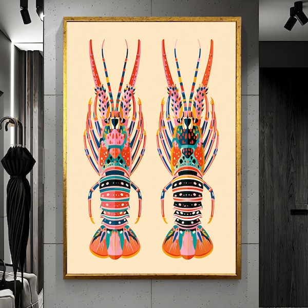 Lobster Large Canvas Wall Art: Maximalist Seafood Decor, Beach House Artwork