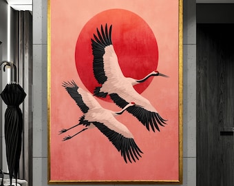 Impresión en lienzo de grulla japonesa, arte minimalista de sol rojo, decoración zen