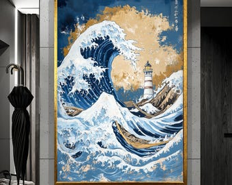 Japanese Wave Canvas Art, Lighthouse Scene, Coastal Wall Decor