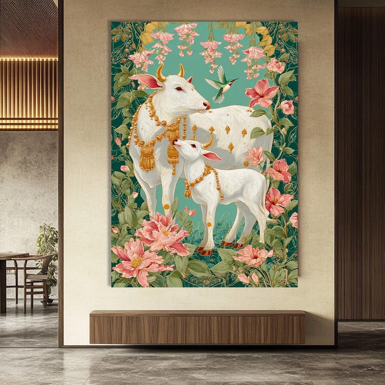 Puede incluir: Impresi&oacute;n art&iacute;stica digital que presenta dos vacas blancas adornadas con joyas de oro, sobre un fondo turquesa con flores rosas y un colibr&iacute;. La obra de arte tiene un estilo ilustrativo detallado, que evoca serenidad y belleza.