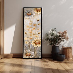 Quadro decorativo vintage em tela, estilo longo e estreito, com estampa de margaridas: Obra de arte floral vintage emoldurada.