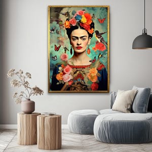 May include: A colorful painting of a woman with a flower crown and butterflies. The woman is wearing a traditional Mexican dress with a floral pattern. The background is a blue and green watercolor wash.