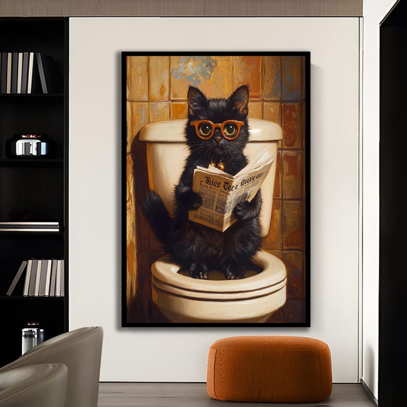 Black Cat Bathroom Wall Art : Funny Toilet Canvas, Large Framed Cat ...