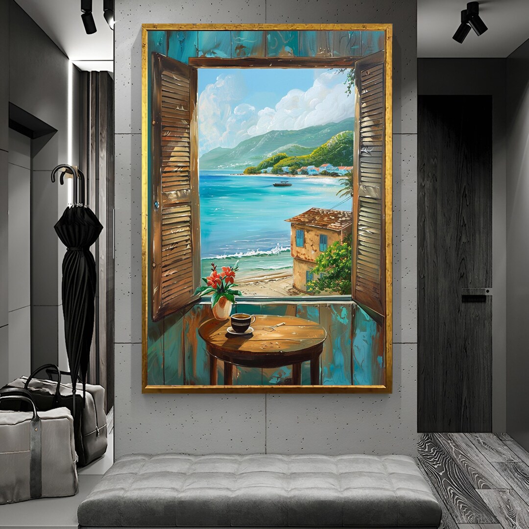 Coastal Window View Framed Wall Art: Mediterranean Sea Landscape Canvas ...