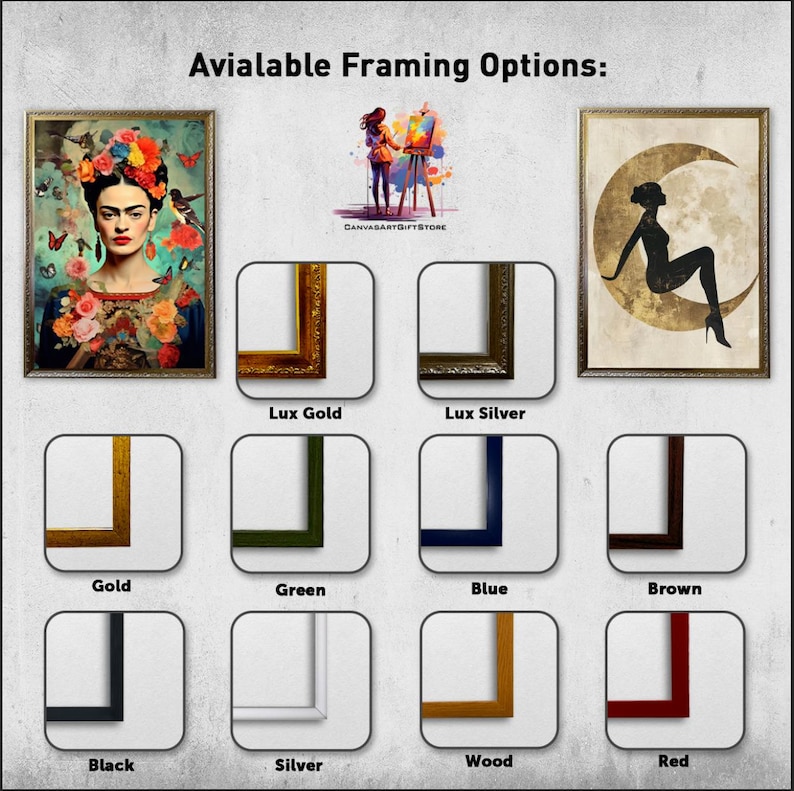 Puede incluir: Imagen que muestra varias opciones de arte enmarcadas. Incluye un retrato de Frida Kahlo y una silueta en una luna. Las opciones de enmarcado incluyen Lux Gold, Lux Silver, Oro, Verde, Azul, Marr&oacute;n, Negro, Plata, Madera y Rojo.