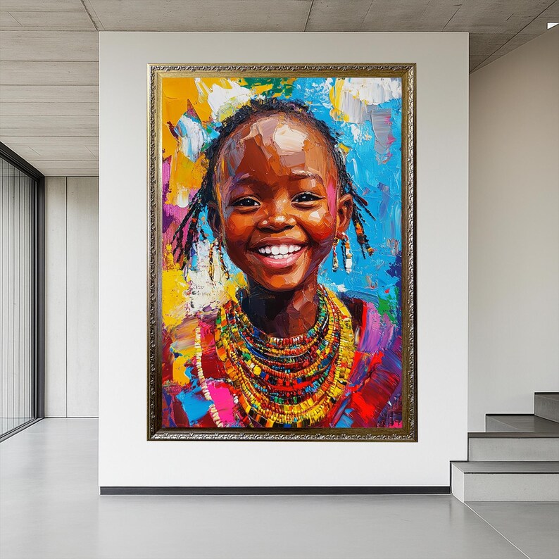 African Girl Portrait Canvas Art: Modern Framed Wall Hanging Lux Silver Frame