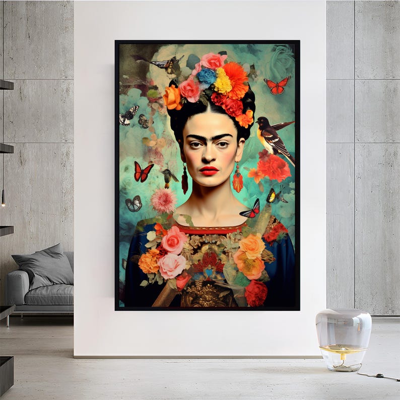 Frida Kahlo Print, Frida Portrait Historical Canvas Feminism Wall Art Wall Hanging Extra Large Art interior decor Livingroom Art Black Frame