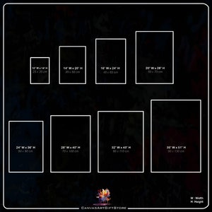 May include: A chart showing different sizes of canvas prints available for purchase. The chart shows the width and height of each print in inches and centimeters. The chart is labeled "CANVASARTGIFTSTORE".