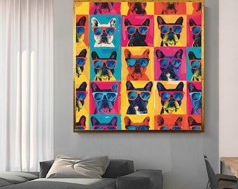 May include: A colorful pop art style print featuring a repeating pattern of French Bulldogs wearing sunglasses. The print is set against a background of bright yellow, pink, blue, and red squares.