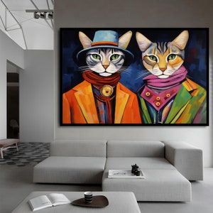Colorful Cat Portrait, Large Abstract Cat Art, Trendy Feline Canvas, Fashionable Cat Wall Decor,  Animal Artwork Cat Lover Gift art decor