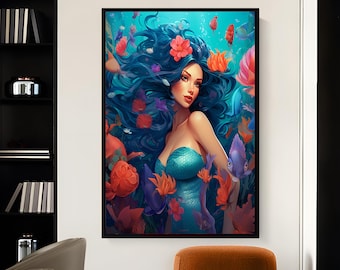 Lienzo decorativo de sirena: Tema oceánico, decoración para habitación infantil