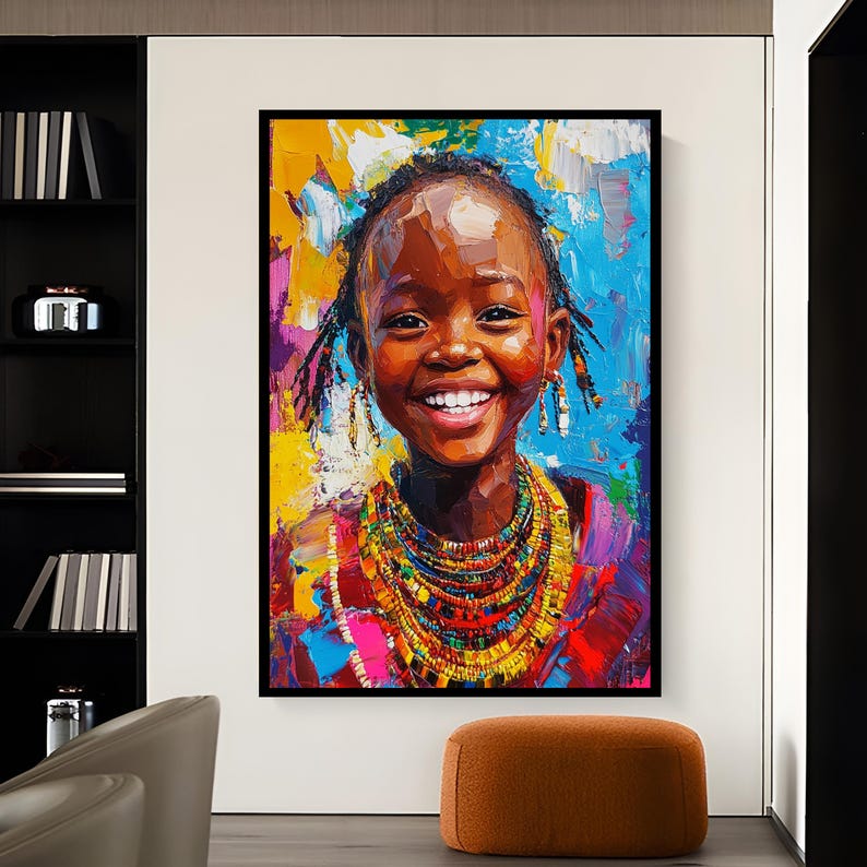 African Girl Portrait Canvas Art: Modern Framed Wall Hanging Black Frame
