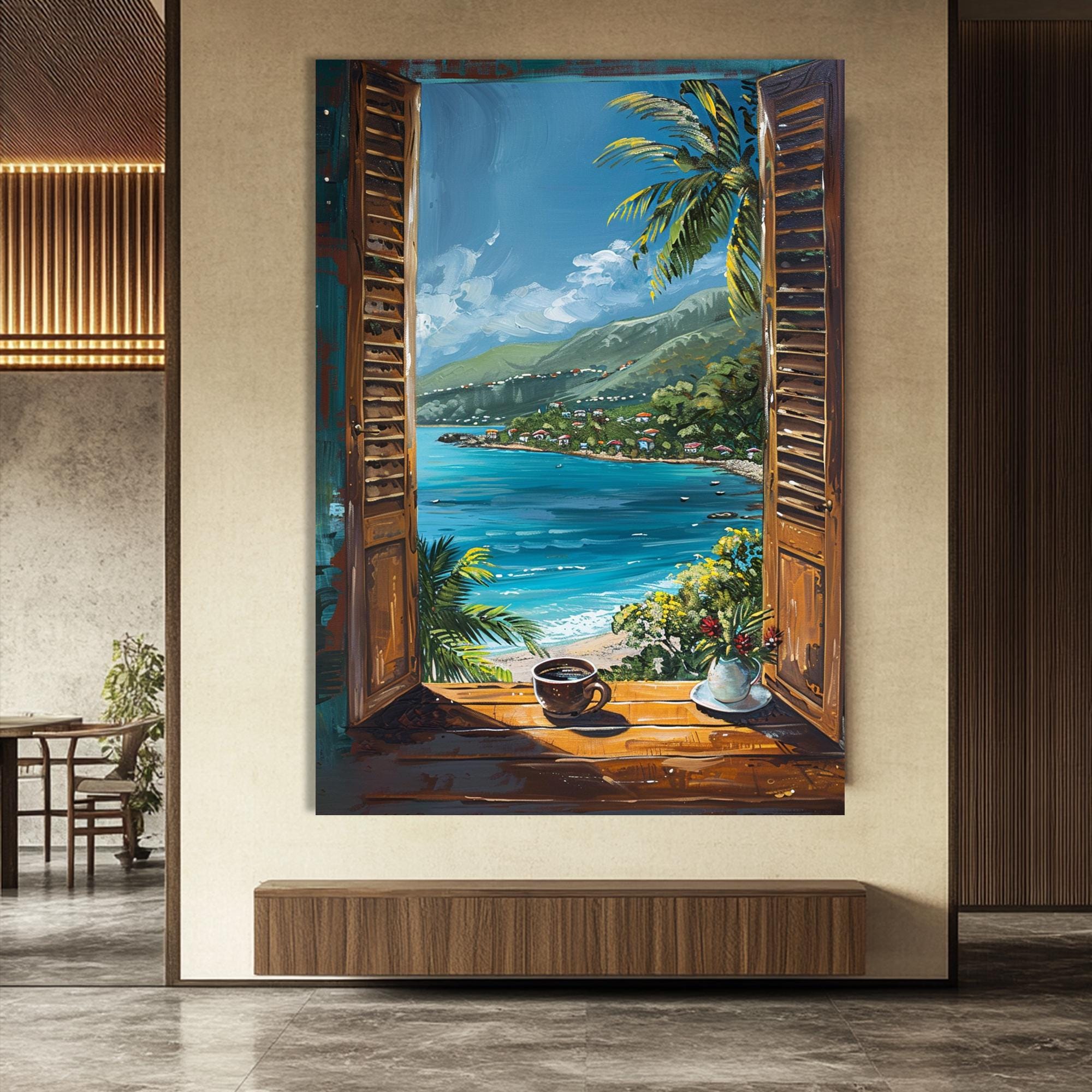 Mediterranean Window View Wall Art : Coastal Ocean Landscape Canvas ...