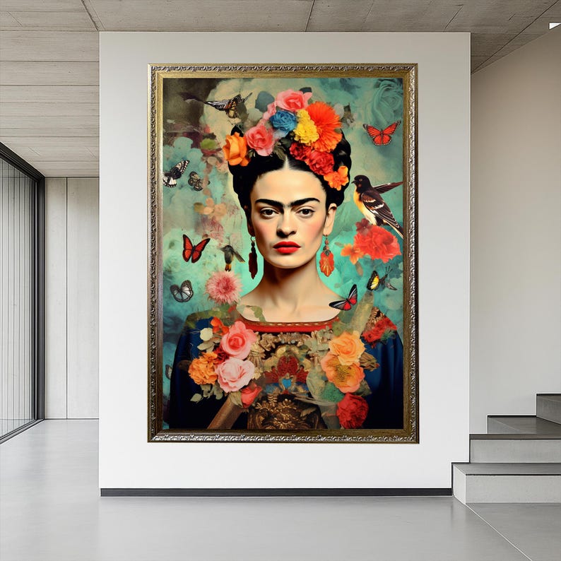 Frida Kahlo Print, Frida Portrait Historical Canvas Feminism Wall Art Wall Hanging Extra Large Art interior decor Livingroom Art Luxury Silver Frame