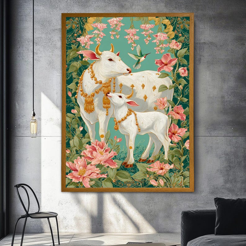 Puede incluir: Una impresi&oacute;n art&iacute;stica enmarcada que presenta dos vacas blancas adornadas con joyas de oro, rodeadas de flores rosas y exuberante follaje verde. Un colibr&iacute; revolotea cerca. La obra de arte tiene un fondo turquesa y un marco dorado.