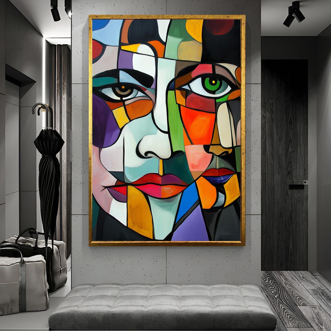 cubist-face-portrait-abstract-modern-cubism-large-framed-canvas-etsy