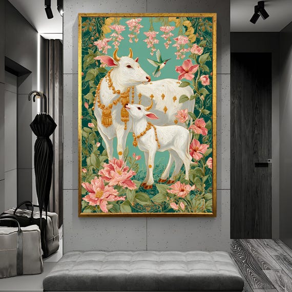 Indian Pichwai Cow Wall Art : Sacred Cow Painting, Hindu Spiritual Decor