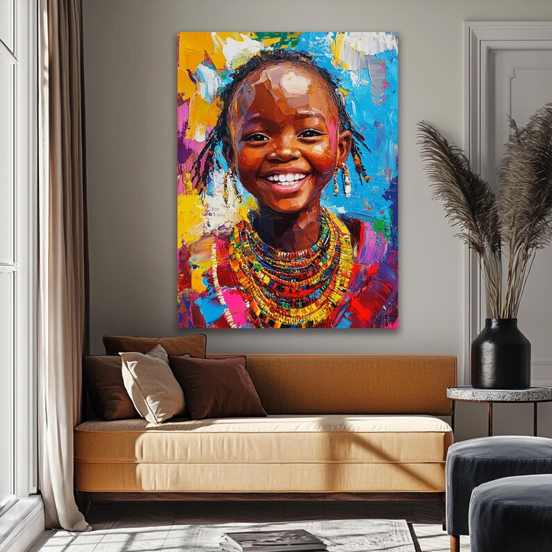 May include: A colourful painting of a young girl with a bright smile. She is wearing a beaded necklace and has her hair braided. The background is a vibrant mix of colours.