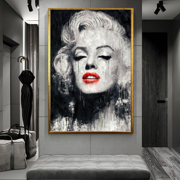 Art mural de marilyn Monroe, portrait de marilyn Monroe, peinture à l'huile de marilyn Monroe, art mural visage de femme, cadeau pour elle, art mural de luxe, art gris