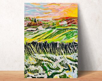 May include: A painting of a landscape with a field of green grass and a few houses in the distance. The sky is a mix of pink, orange, and blue.