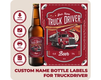 Etiqueta de cerveza personalizada, etiqueta de alcohol personalizada, regalo para camionero, etiqueta de botella de nombre personalizado, etiqueta de botella editable, descarga instantánea