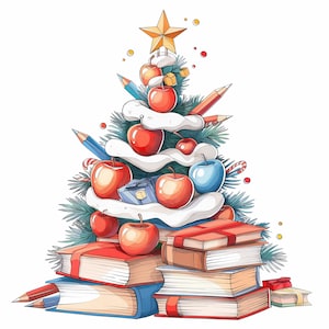12 Teacher Christmas Tree Clipart, Teacher Holiday Tree, Christmas Tree Illustrations, Digital Download
