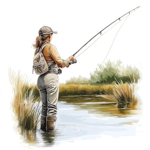 15 Woman Fly Fishing on a River Clipart Set | Elegant Outdoor Fishing Illustrations | Scenic River Fishing Graphics for Craft Projects