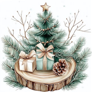 15 Christmas Tree With Christmas Gifts Clipart | Festive Holiday Graphics for Scrapbooking, Cards & Digital Crafts | Seasonal Tree Art Set