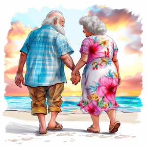 12 Quirky Elderly Couple Walking on the Beach Illustrations, Heartwarming Watercolor Art for Scrapbooking, Journaling, and Craft Projects