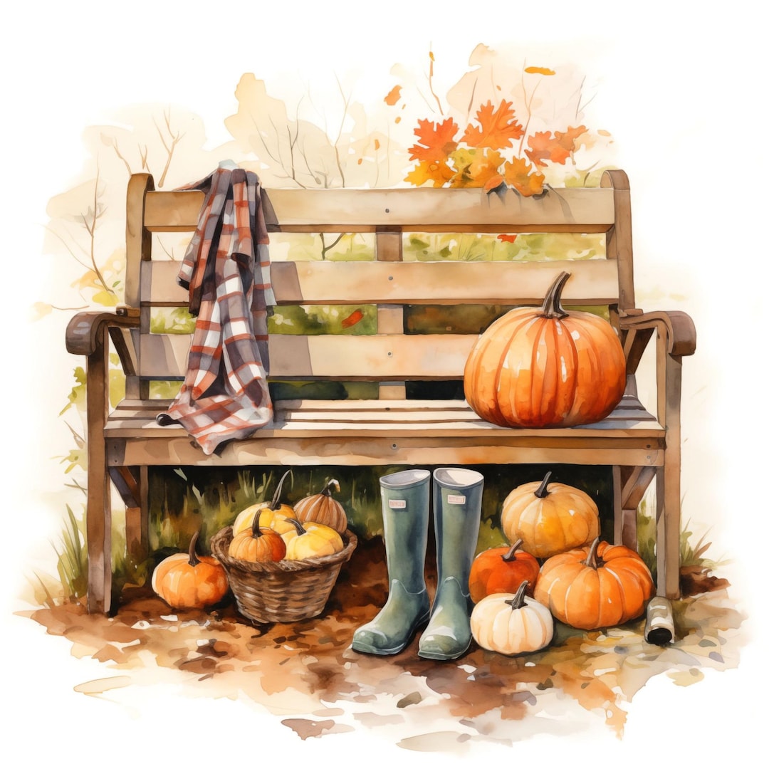 15 Autumn Garden Bench Clipart Cozy Fall Bench Illustrations for ...