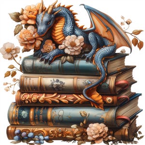 Vintage Dragon and Stack of Books Clipart | Fantasy Watercolor Art | 12 High-Quality PNGs | Digital Download | Paper Craft | Junk Journal