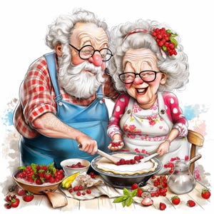 12 Quirky Elderly Couple Baking Pie Clipart, Cute Grandma Grandpa Baking Scene, Cozy Kitchen Art, Digital Scrapbooking, Cooking Illustration