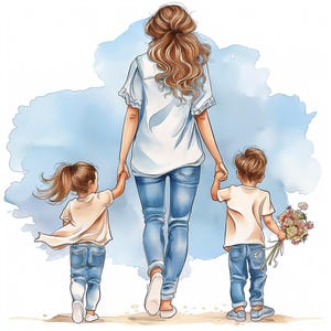 Mom with Children Clipart, 18 Family Illustrations, Digital Art for Scrapbooking, Mother&#39;s Day Clipart, Mom Digital Print, Instant Download