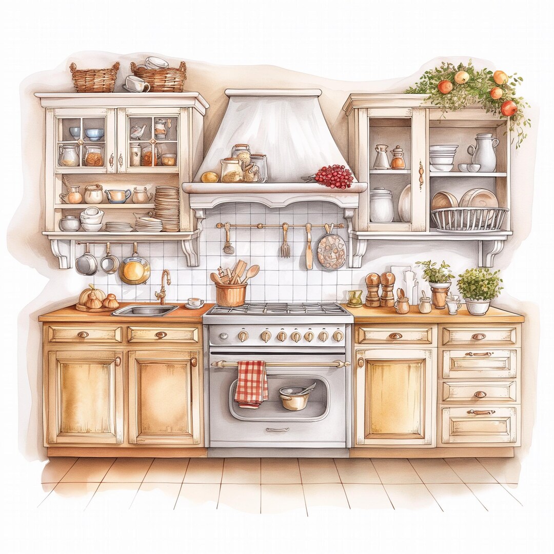 16 Watercolor Kitchen Cabinet PNG Illustrations for Digital Crafting ...