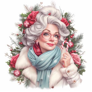 Christmas Elderly Woman, 12 JPG Illustrations, Holiday Grandma Clipart, Digital Vintage Art, Festive Scrapbooking